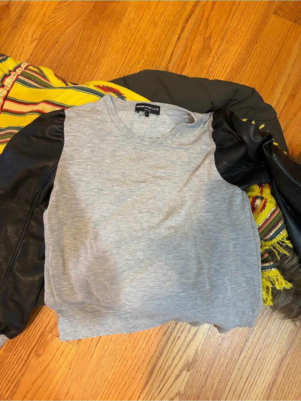 Generation Love Gray Sweatshirt with Black Faux-Leather Sleeves